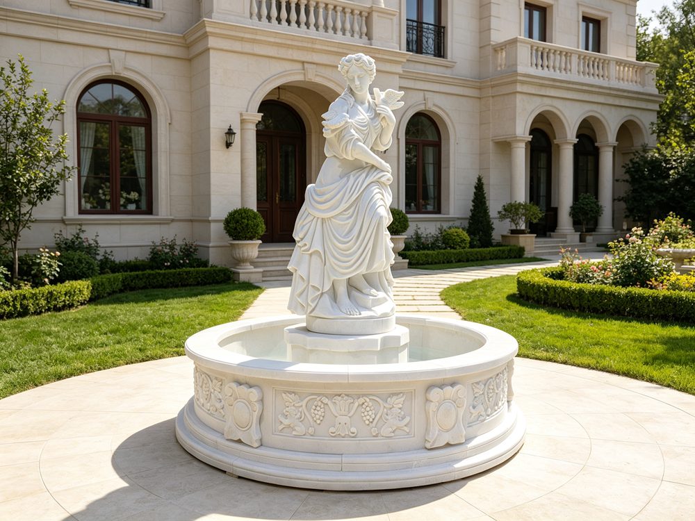 female statue fountain with flowing water