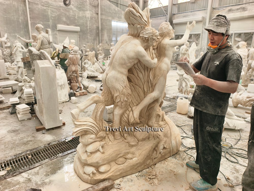 antique beige marble pan poursuivant syrinx statue carving process