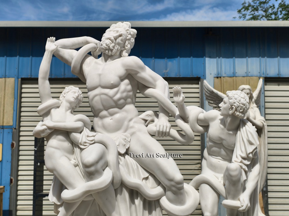 detailed close up of the hand carved white marble replica laocoön and his sons