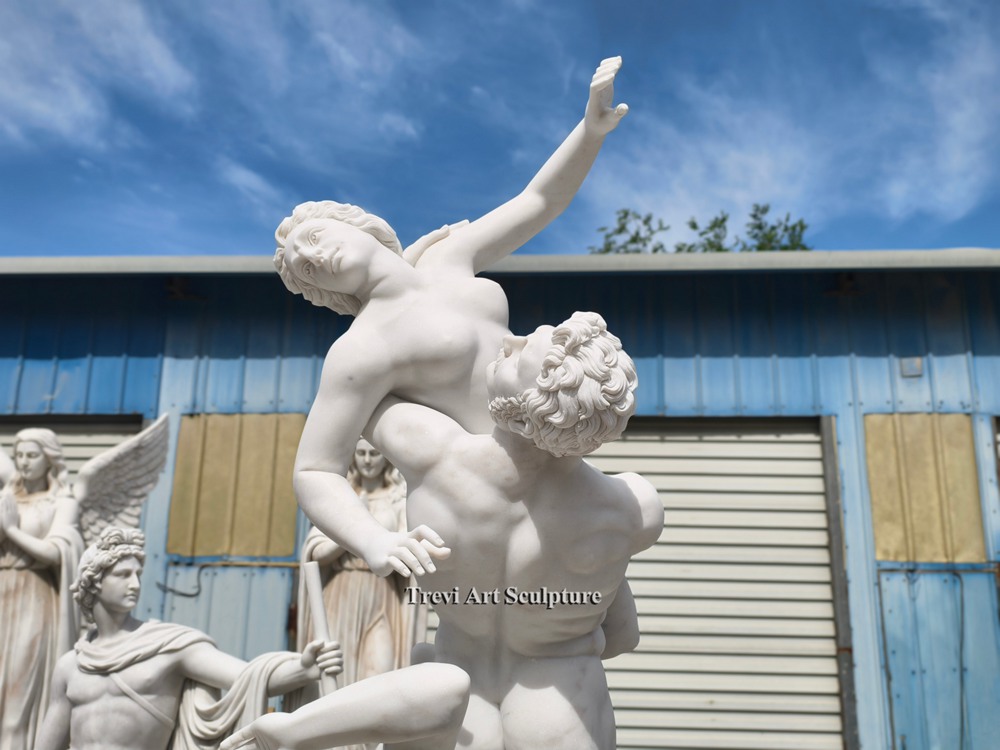 dynamic hand carved details, marble sculpture depicting the rape of proserpina