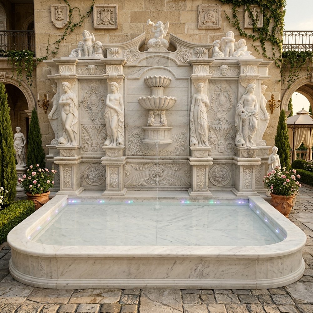 european marble wall fountain with relief carvings