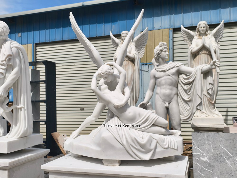 fine white marble statue replica of antonio canova’s psyche revived by cupid's kiss