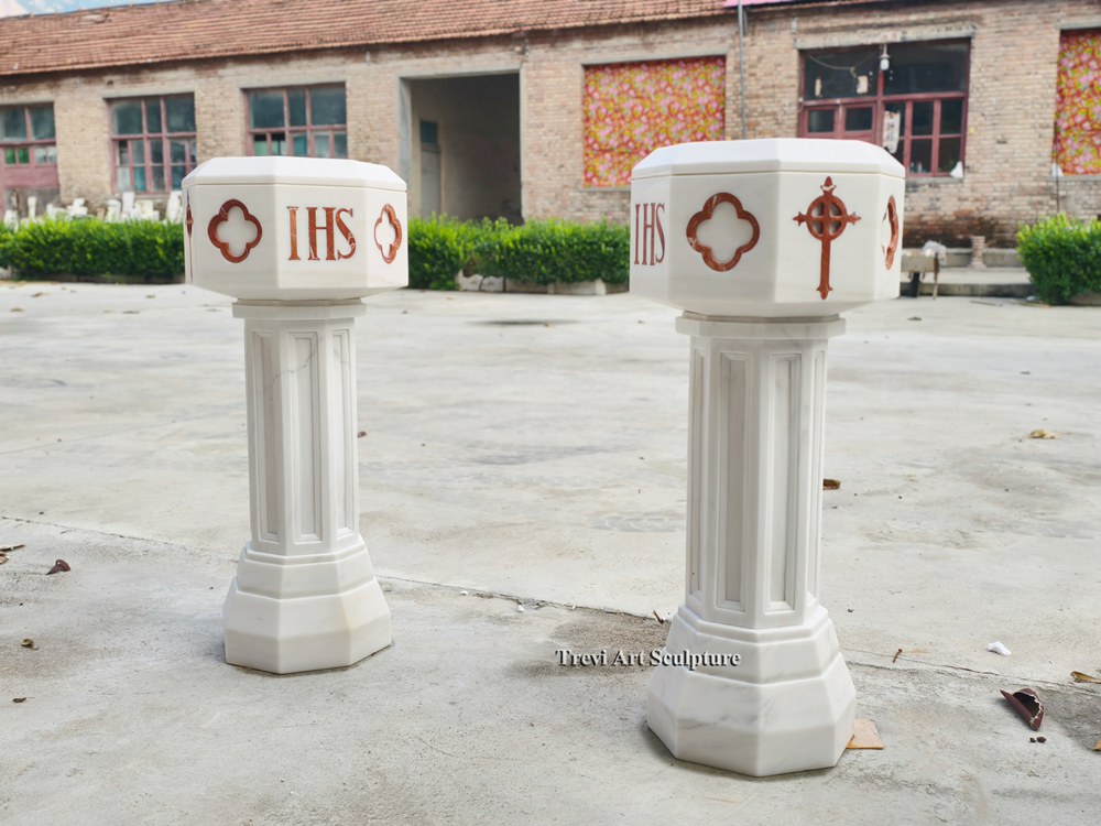 ihs monogram marble church font in stock