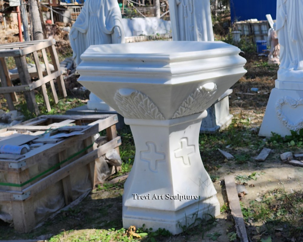 marble church font with acanthus leaf bowl and cross carved pedestal
