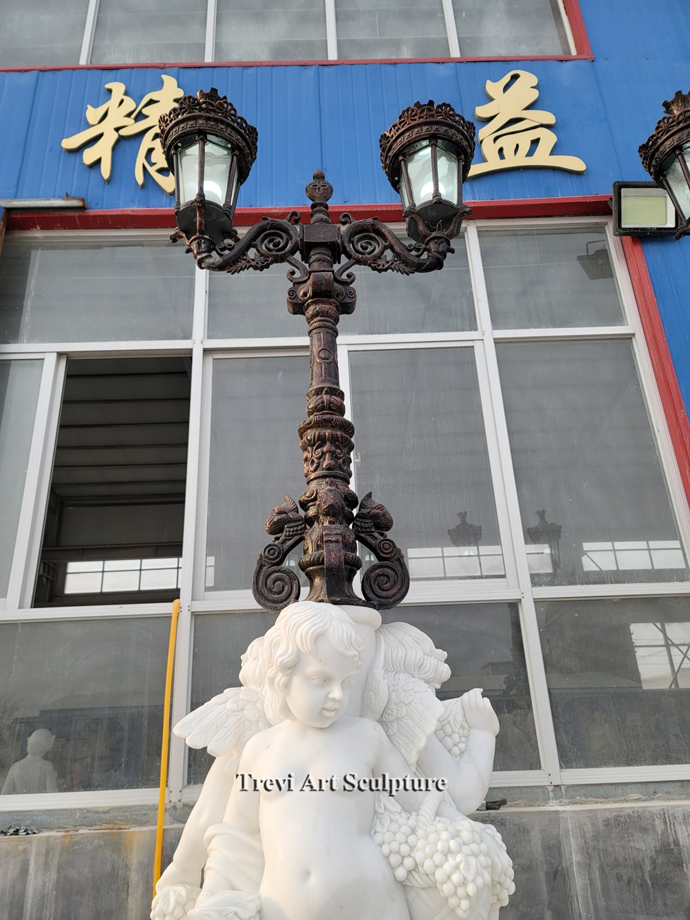 outdoor marble children pedestal post with iron lamp