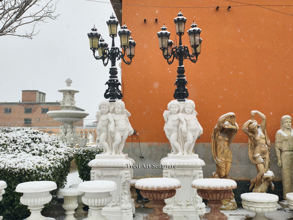 white marble children pedestal post with iron lamp